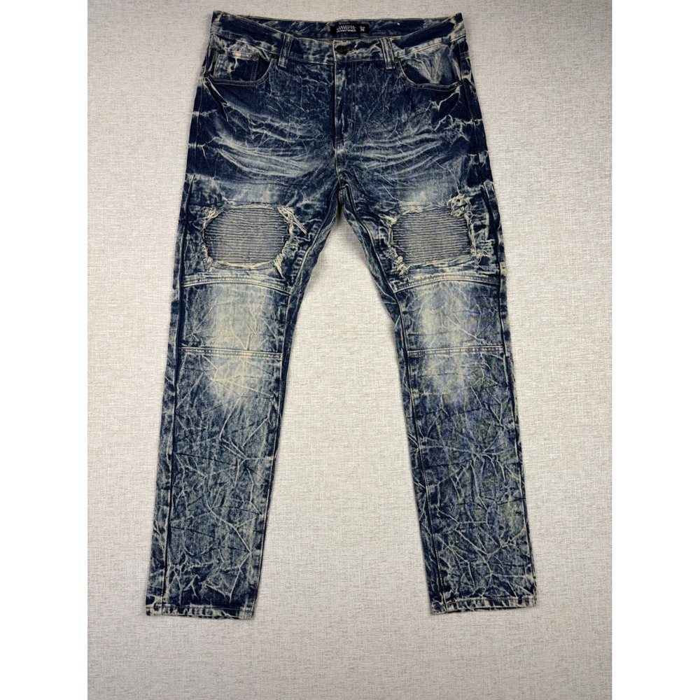 California Republic Mens 36x32 Acid Wash Moto Biker Jeans Blue Distressed Slim